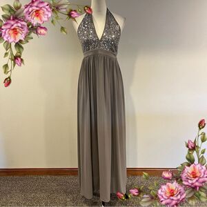 Elegant Gray Halter Maxi Dress with sequins details